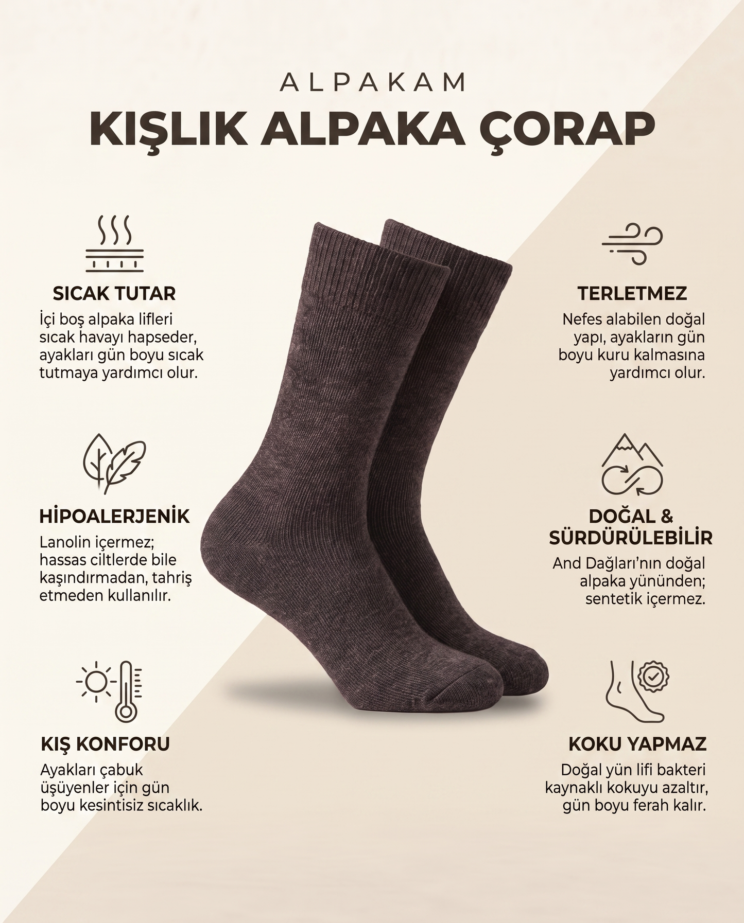 Doğal Alpaka Yünlü Kışlık Çorap